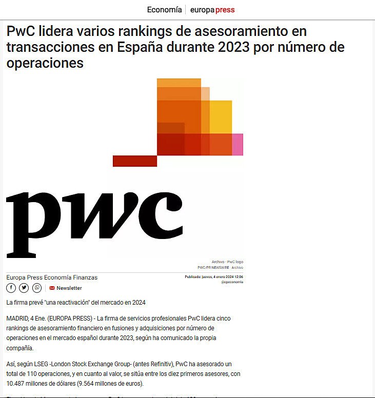 PwC lidera varios rankings de asesoramiento en transacciones en Espaa durante 2023 por nmero de operaciones